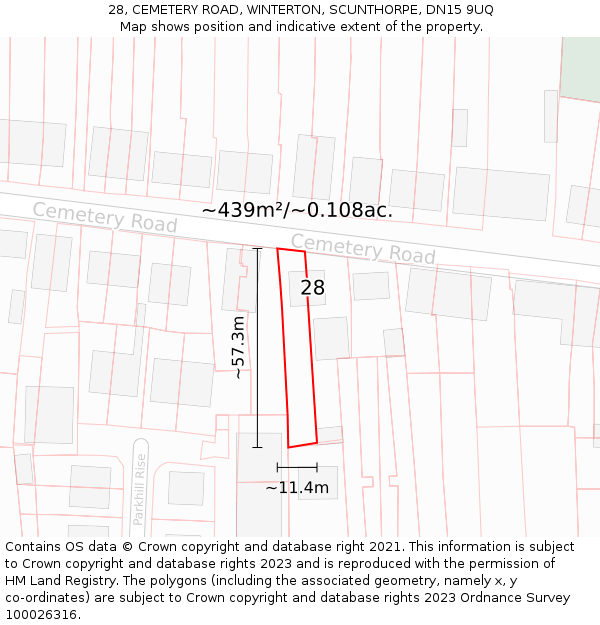 28, CEMETERY ROAD, WINTERTON, SCUNTHORPE, DN15 9UQ: Plot and title map