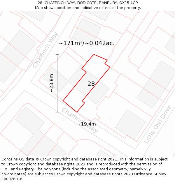 28, CHAFFINCH WAY, BODICOTE, BANBURY, OX15 4GP: Plot and title map
