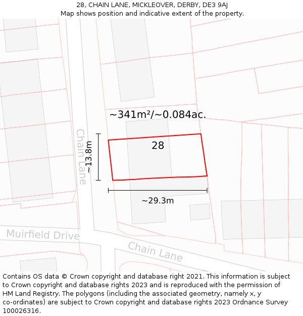 28, CHAIN LANE, MICKLEOVER, DERBY, DE3 9AJ: Plot and title map