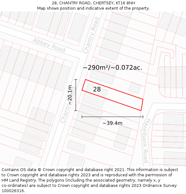 28, CHANTRY ROAD, CHERTSEY, KT16 8NH: Plot and title map