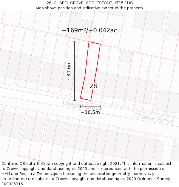 28, CHAPEL GROVE, ADDLESTONE, KT15 1UG: Plot and title map