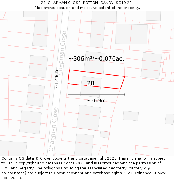 28, CHAPMAN CLOSE, POTTON, SANDY, SG19 2PL: Plot and title map