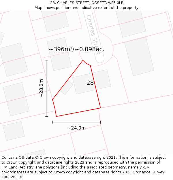 28, CHARLES STREET, OSSETT, WF5 0LR: Plot and title map