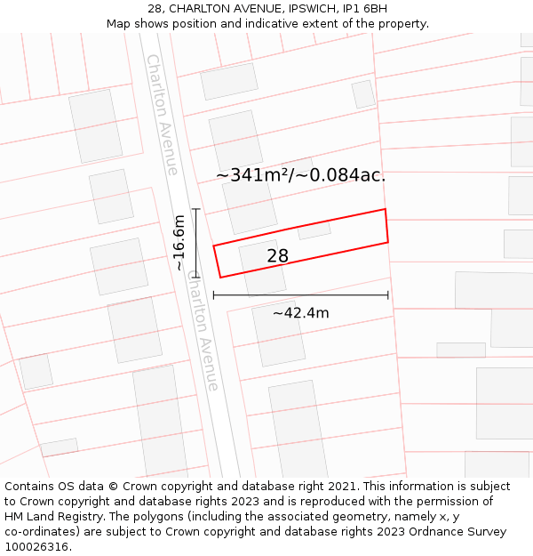 28, CHARLTON AVENUE, IPSWICH, IP1 6BH: Plot and title map