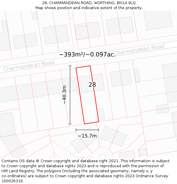 28, CHARMANDEAN ROAD, WORTHING, BN14 9LQ: Plot and title map