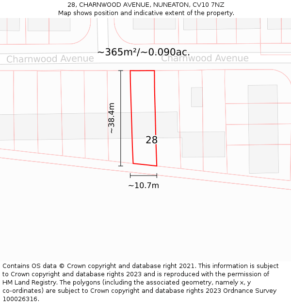 28, CHARNWOOD AVENUE, NUNEATON, CV10 7NZ: Plot and title map