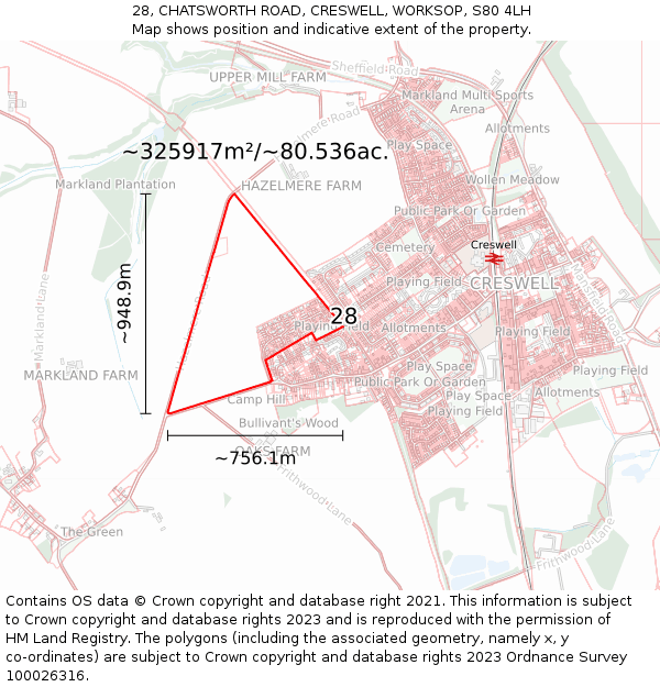 28, CHATSWORTH ROAD, CRESWELL, WORKSOP, S80 4LH: Plot and title map
