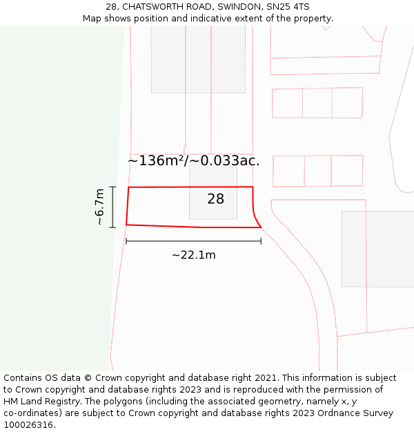 28, CHATSWORTH ROAD, SWINDON, SN25 4TS: Plot and title map