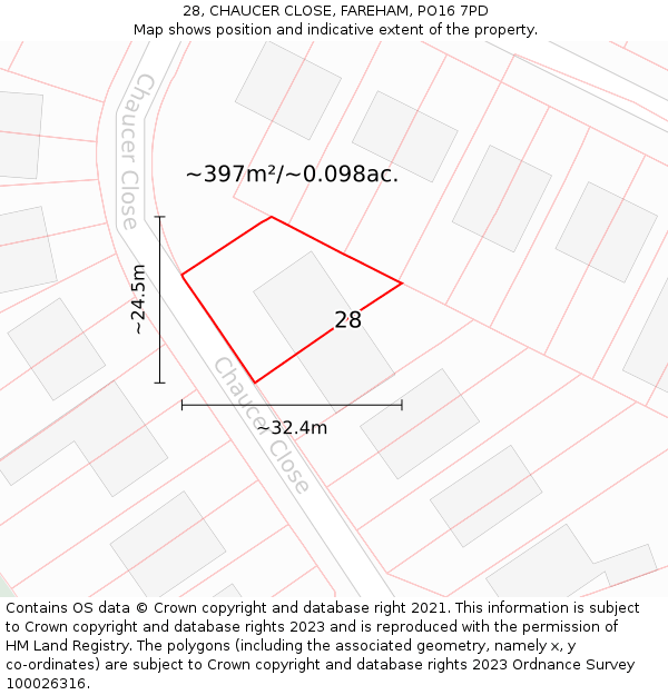 28, CHAUCER CLOSE, FAREHAM, PO16 7PD: Plot and title map