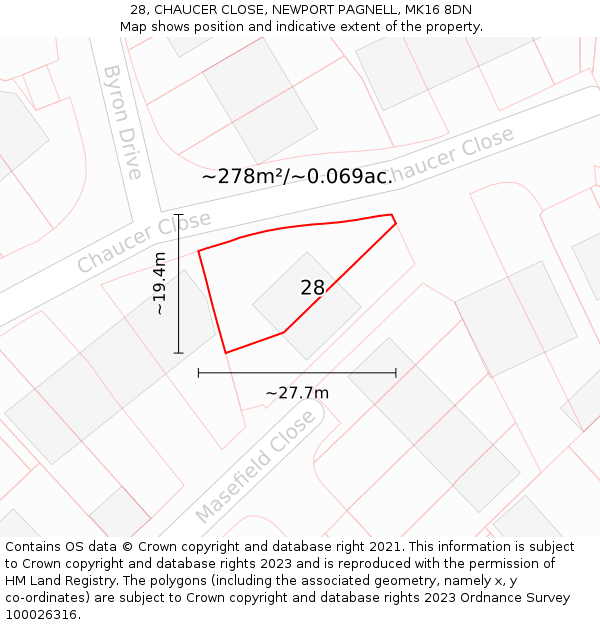 28, CHAUCER CLOSE, NEWPORT PAGNELL, MK16 8DN: Plot and title map