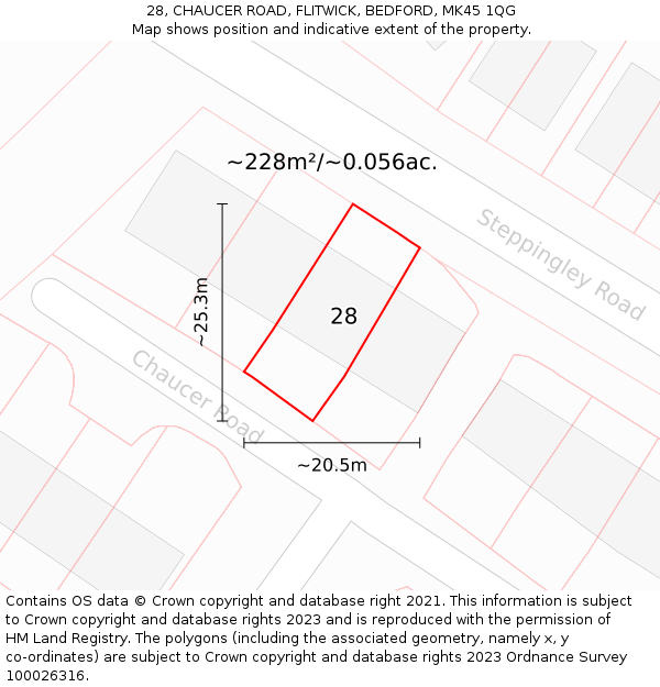 28, CHAUCER ROAD, FLITWICK, BEDFORD, MK45 1QG: Plot and title map