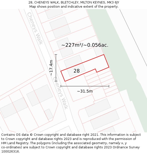 28, CHENEYS WALK, BLETCHLEY, MILTON KEYNES, MK3 6JY: Plot and title map