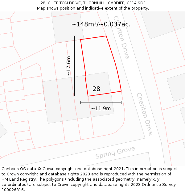 28, CHERITON DRIVE, THORNHILL, CARDIFF, CF14 9DF: Plot and title map