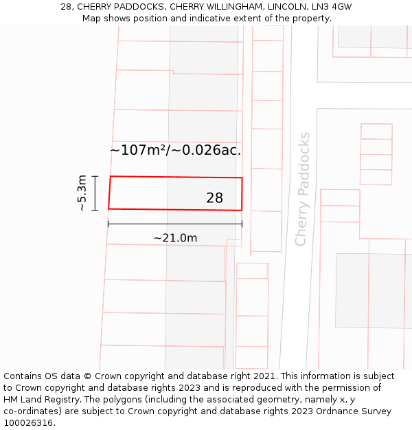 28, CHERRY PADDOCKS, CHERRY WILLINGHAM, LINCOLN, LN3 4GW: Plot and title map