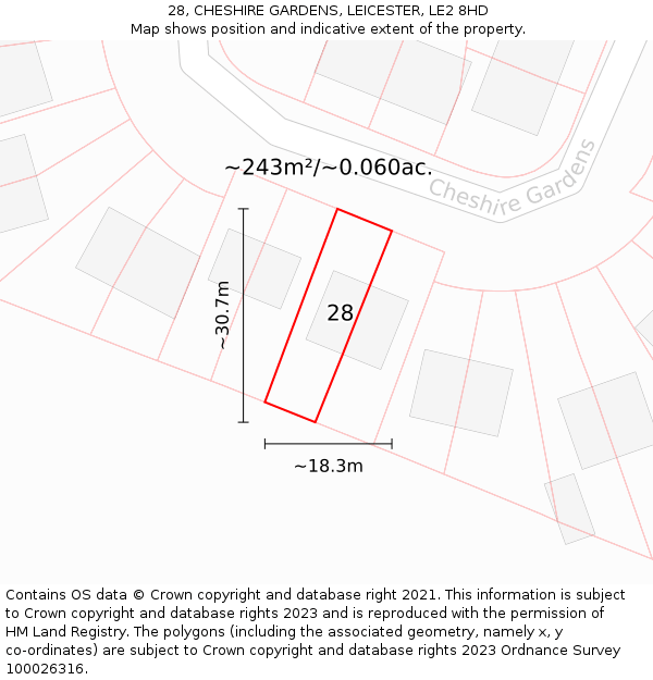 28, CHESHIRE GARDENS, LEICESTER, LE2 8HD: Plot and title map