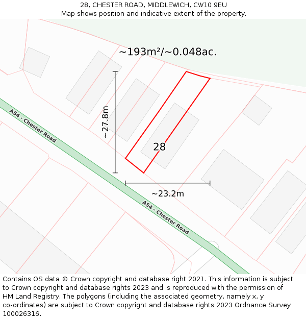 28, CHESTER ROAD, MIDDLEWICH, CW10 9EU: Plot and title map