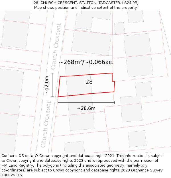 28, CHURCH CRESCENT, STUTTON, TADCASTER, LS24 9BJ: Plot and title map