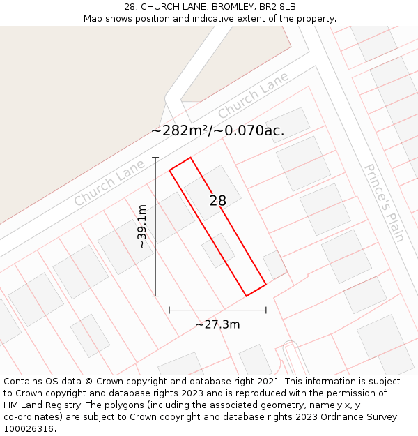28, CHURCH LANE, BROMLEY, BR2 8LB: Plot and title map