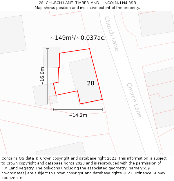 28, CHURCH LANE, TIMBERLAND, LINCOLN, LN4 3SB: Plot and title map