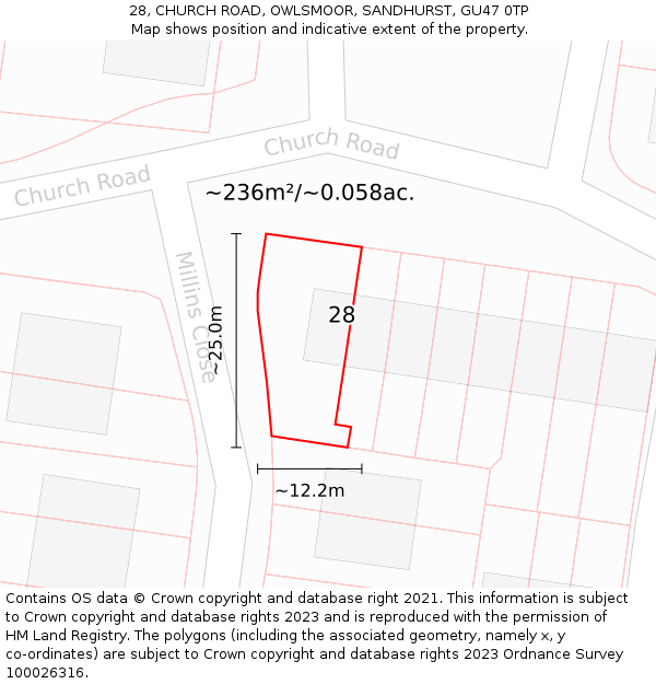 28, CHURCH ROAD, OWLSMOOR, SANDHURST, GU47 0TP: Plot and title map