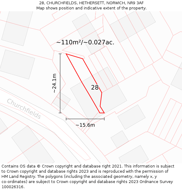 28, CHURCHFIELDS, HETHERSETT, NORWICH, NR9 3AF: Plot and title map