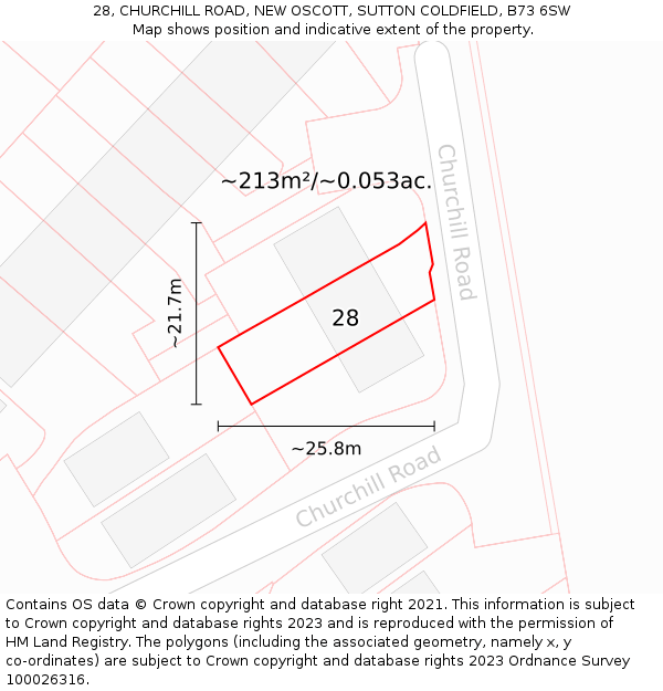28, CHURCHILL ROAD, NEW OSCOTT, SUTTON COLDFIELD, B73 6SW: Plot and title map