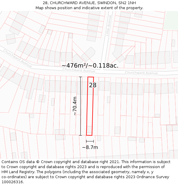 28, CHURCHWARD AVENUE, SWINDON, SN2 1NH: Plot and title map