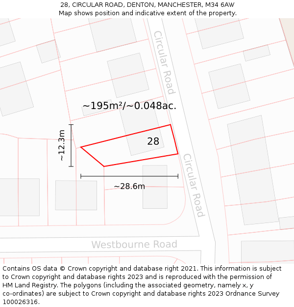 28, CIRCULAR ROAD, DENTON, MANCHESTER, M34 6AW: Plot and title map