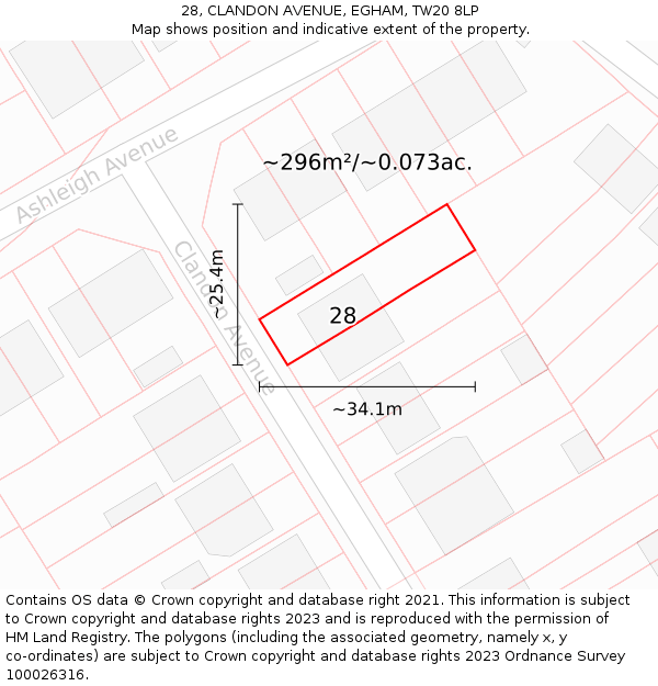 28, CLANDON AVENUE, EGHAM, TW20 8LP: Plot and title map
