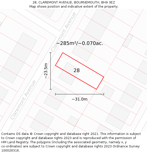 28, CLAREMONT AVENUE, BOURNEMOUTH, BH9 3EZ: Plot and title map