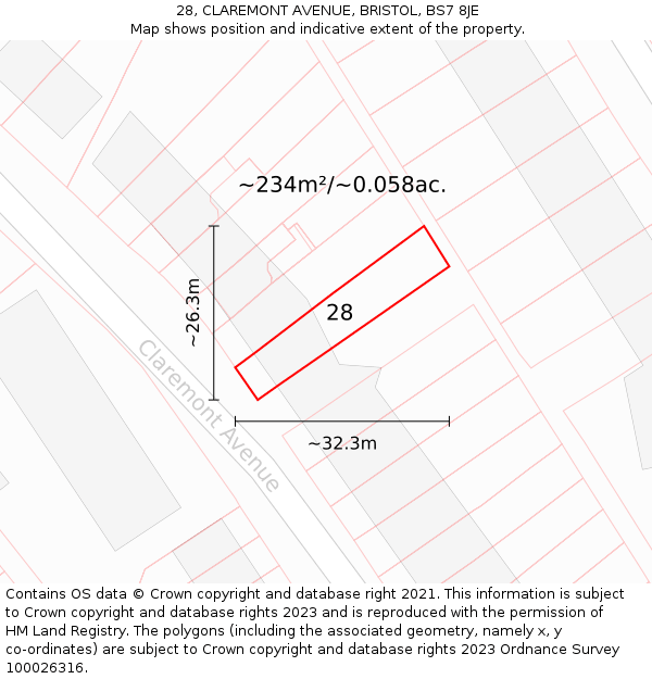 28, CLAREMONT AVENUE, BRISTOL, BS7 8JE: Plot and title map