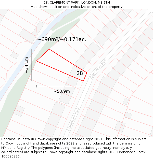 28, CLAREMONT PARK, LONDON, N3 1TH: Plot and title map