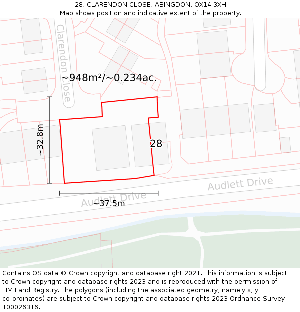 28, CLARENDON CLOSE, ABINGDON, OX14 3XH: Plot and title map