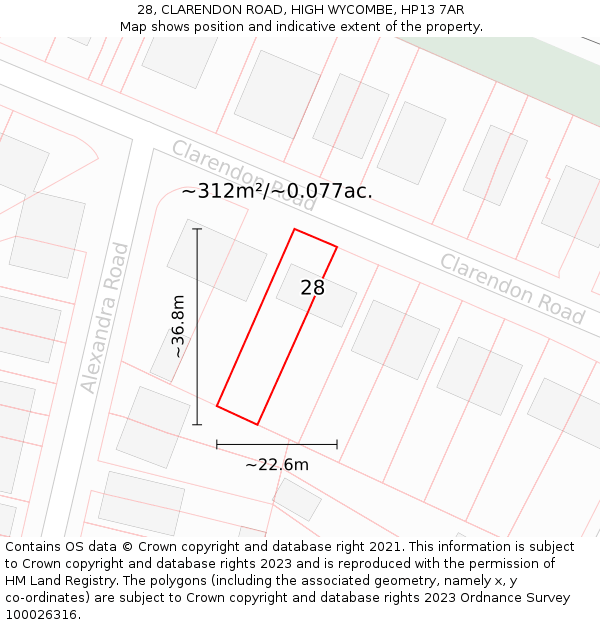 28, CLARENDON ROAD, HIGH WYCOMBE, HP13 7AR: Plot and title map