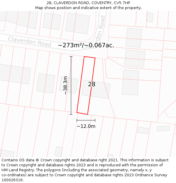 28, CLAVERDON ROAD, COVENTRY, CV5 7HP: Plot and title map