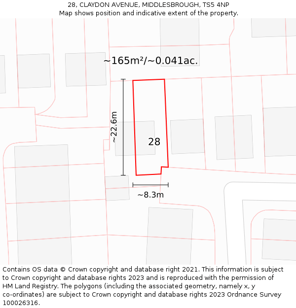 28, CLAYDON AVENUE, MIDDLESBROUGH, TS5 4NP: Plot and title map