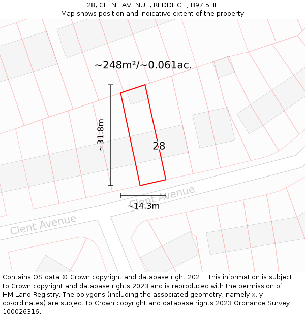 28, CLENT AVENUE, REDDITCH, B97 5HH: Plot and title map