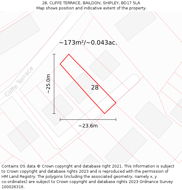 28, CLIFFE TERRACE, BAILDON, SHIPLEY, BD17 5LA: Plot and title map