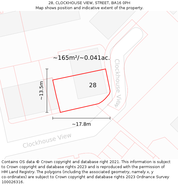 28, CLOCKHOUSE VIEW, STREET, BA16 0PH: Plot and title map