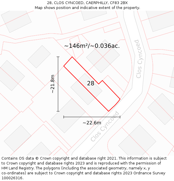 28, CLOS CYNCOED, CAERPHILLY, CF83 2BX: Plot and title map