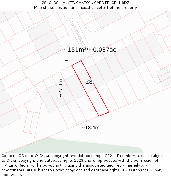 28, CLOS HALKET, CANTON, CARDIFF, CF11 8DZ: Plot and title map