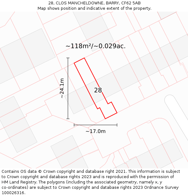 28, CLOS MANCHELDOWNE, BARRY, CF62 5AB: Plot and title map