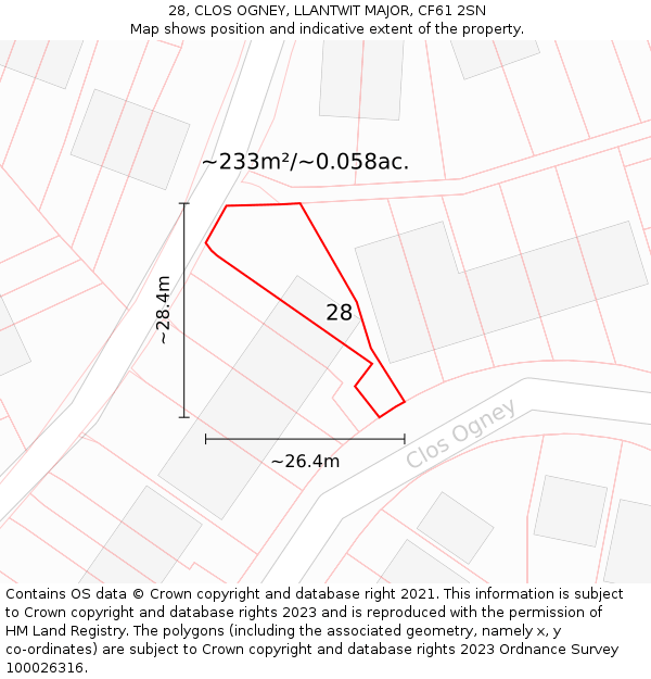 28, CLOS OGNEY, LLANTWIT MAJOR, CF61 2SN: Plot and title map