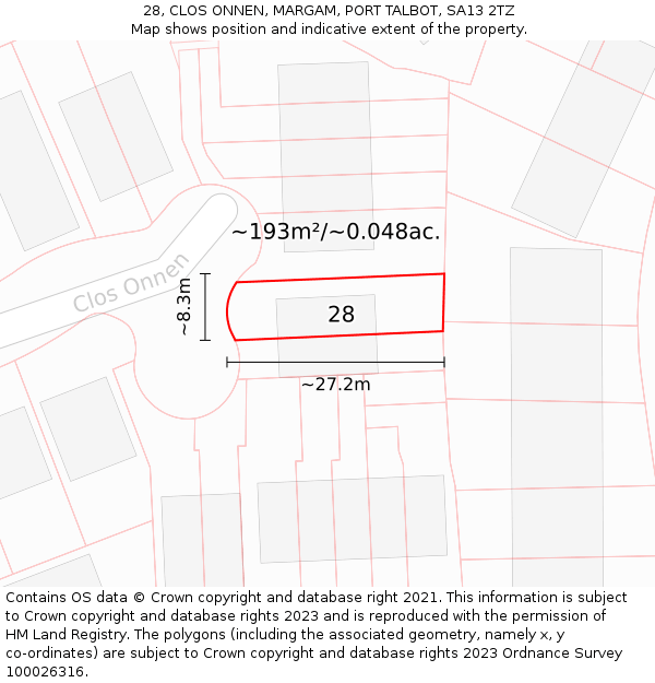 28, CLOS ONNEN, MARGAM, PORT TALBOT, SA13 2TZ: Plot and title map