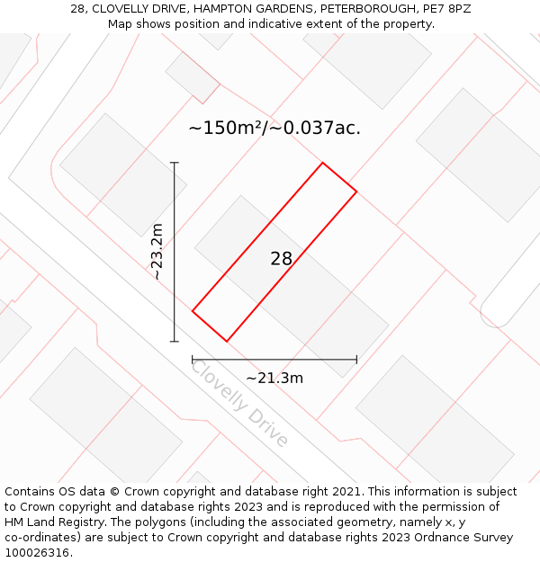28, CLOVELLY DRIVE, HAMPTON GARDENS, PETERBOROUGH, PE7 8PZ: Plot and title map