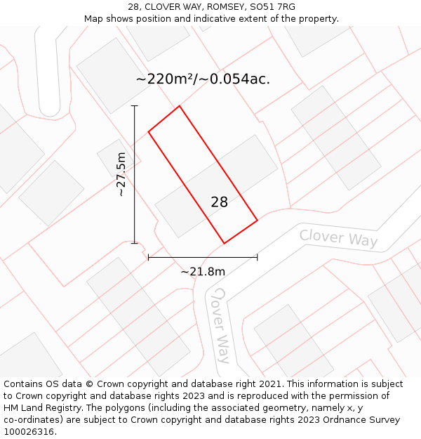 28, CLOVER WAY, ROMSEY, SO51 7RG: Plot and title map
