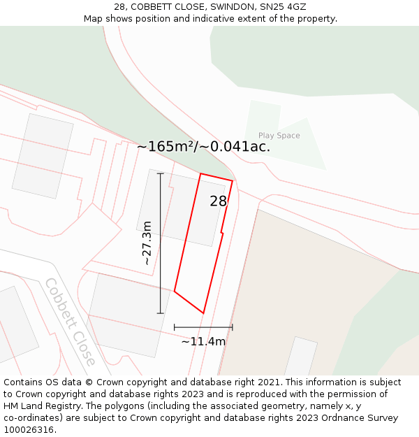 28, COBBETT CLOSE, SWINDON, SN25 4GZ: Plot and title map
