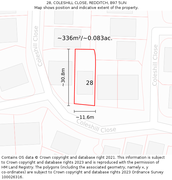 28, COLESHILL CLOSE, REDDITCH, B97 5UN: Plot and title map