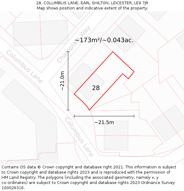 28, COLUMBUS LANE, EARL SHILTON, LEICESTER, LE9 7JR: Plot and title map