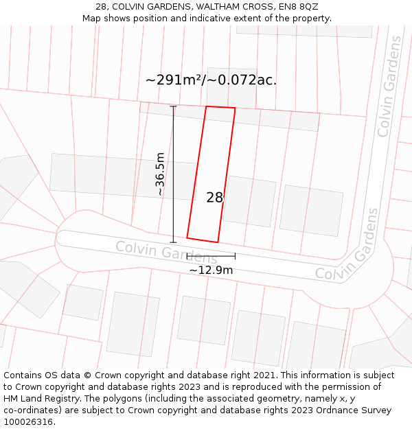 28, COLVIN GARDENS, WALTHAM CROSS, EN8 8QZ: Plot and title map